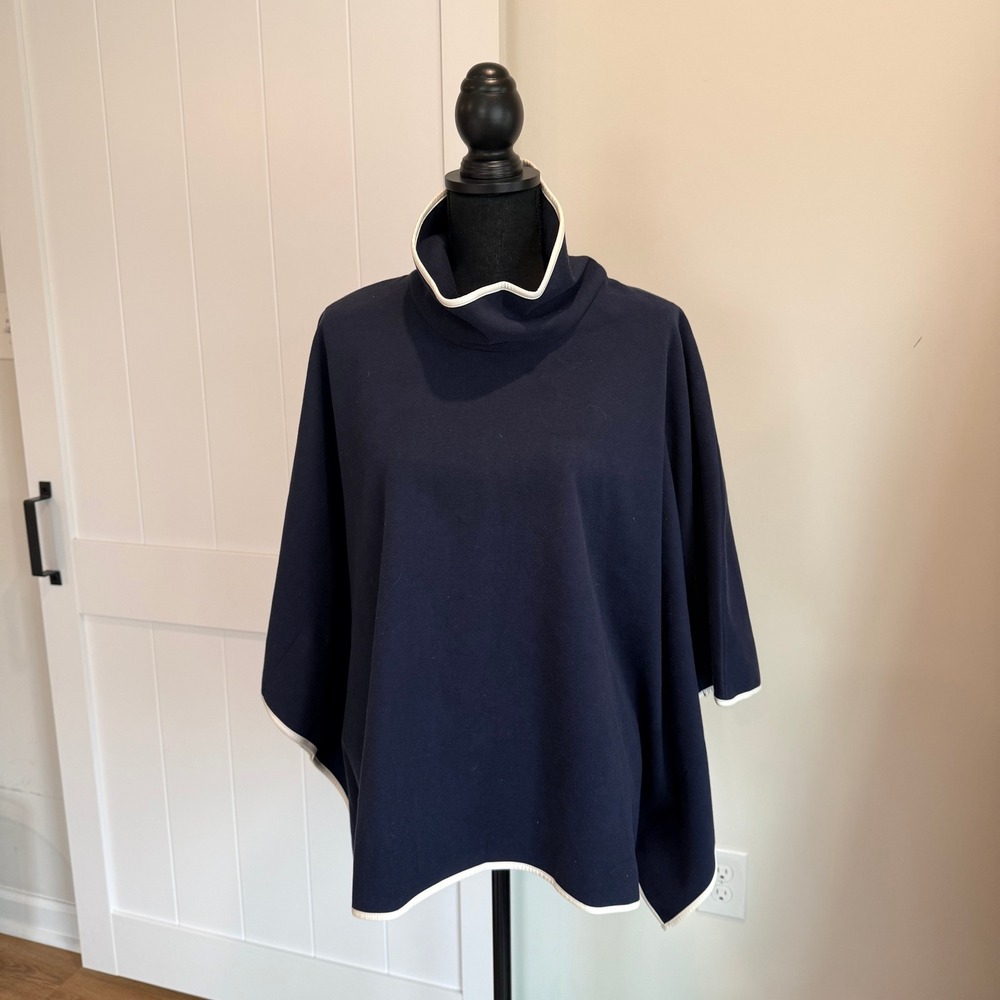 Tuckernuck Navy Blue Cream Leather Trim Funnel Neck Poncho Cape OS